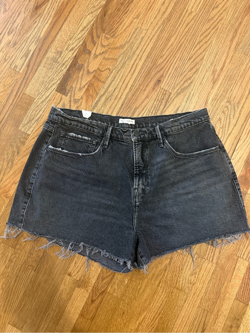 Good American Black Frayed Hem Denim Shorts